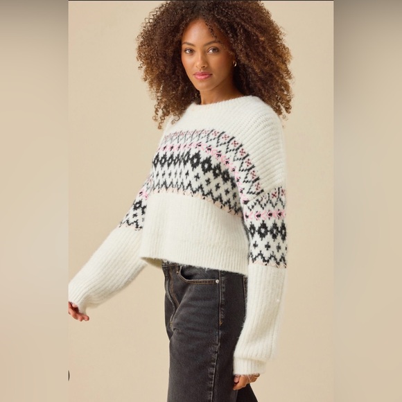 Altar'd State White Sweater with Black and Pink Pattern - Picture 2 of 8